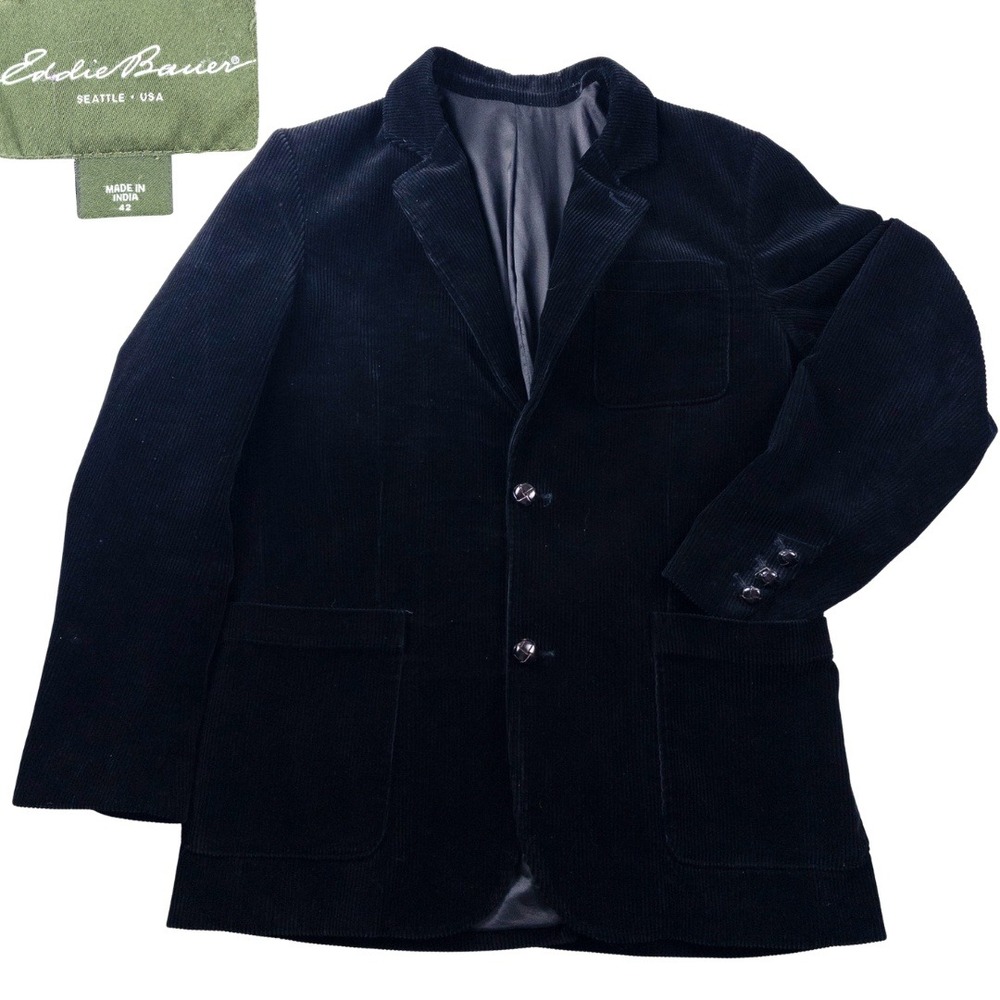 Eddie Bauer Corduroy Blazer Men 42 Black Leather Shank Button Vintage Sport Coat
